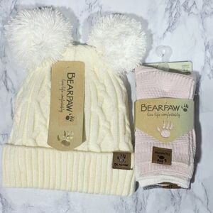 BearPaw White and Pink Kids Beanie and Sock Set